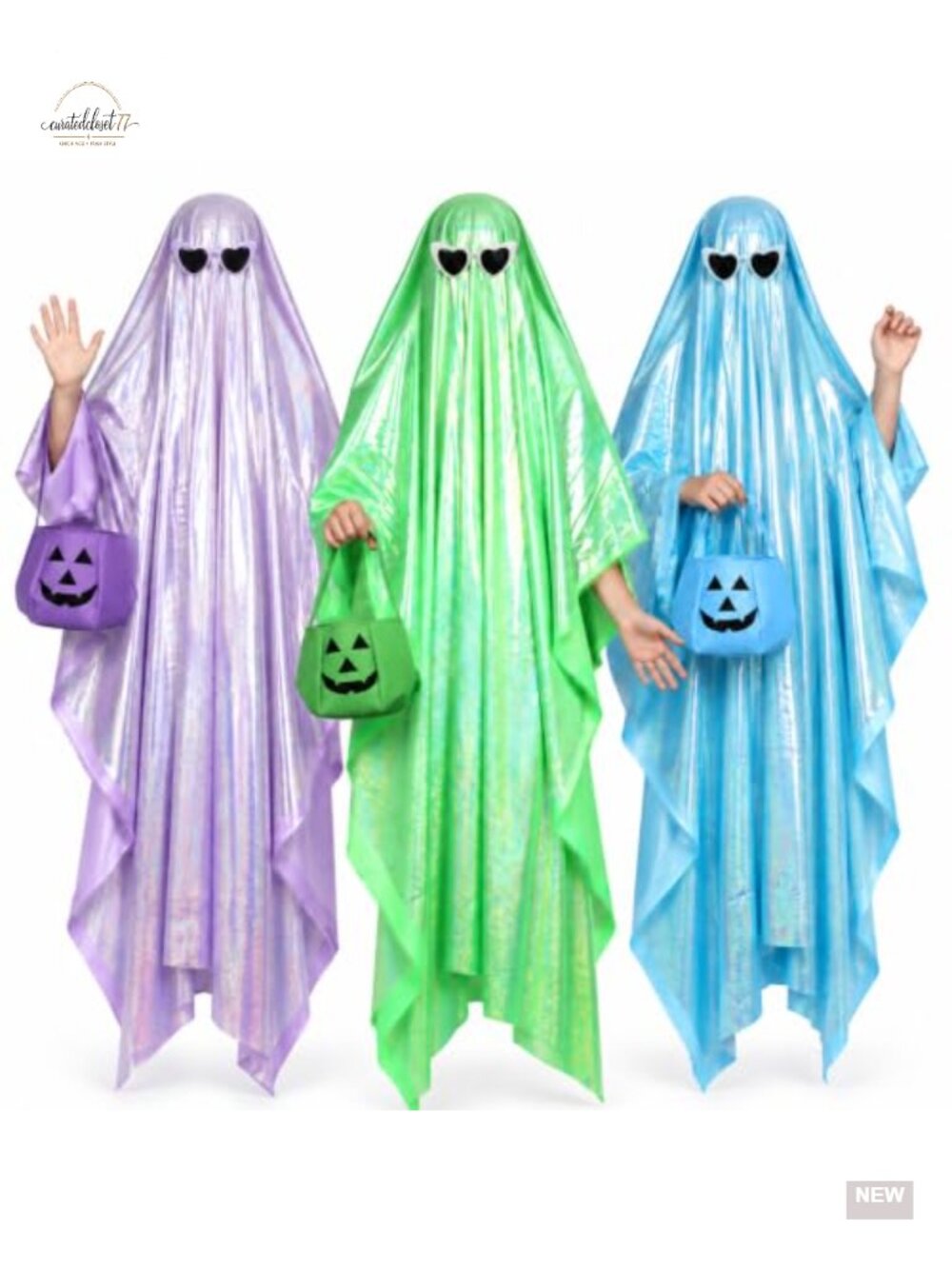 3 Set Holographic Disco Ghost Costume Spooky Clothes Sunglasses Pumpkin Bag